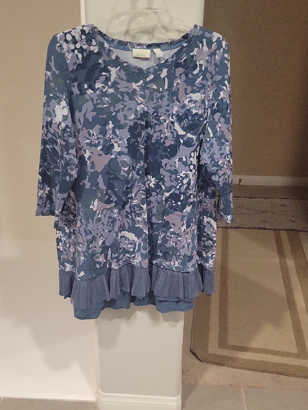 Blue Floral Print Ruffle-Hem Tunic Top